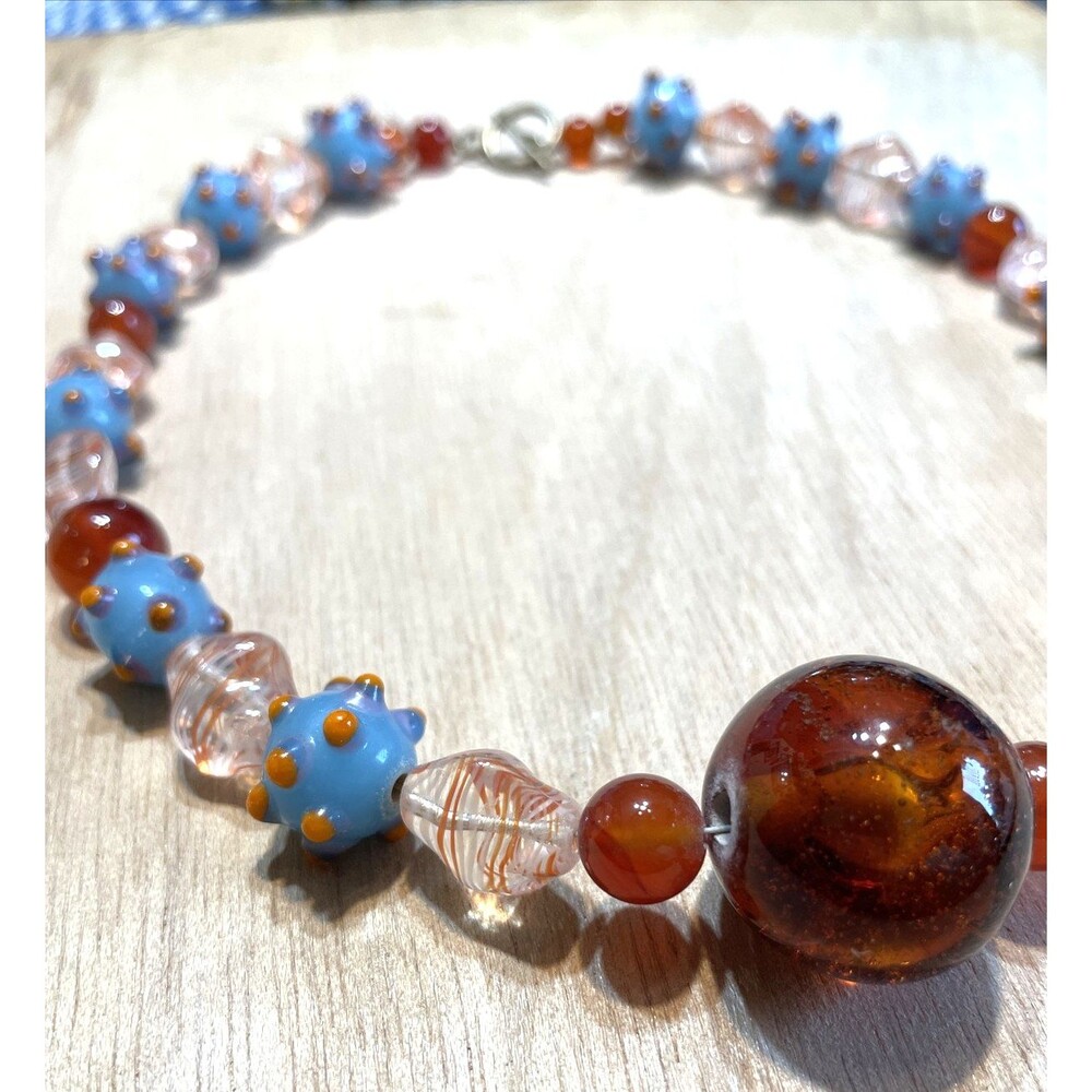 Lampwork Bead Necklace Blue Orange Choker Artsy Eclectic